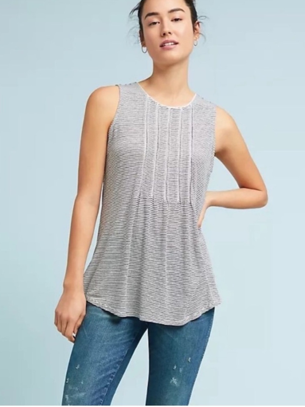 Anthropologie Western Akemi + Kin Pintucked Black White Stripe Sleeveless Tank